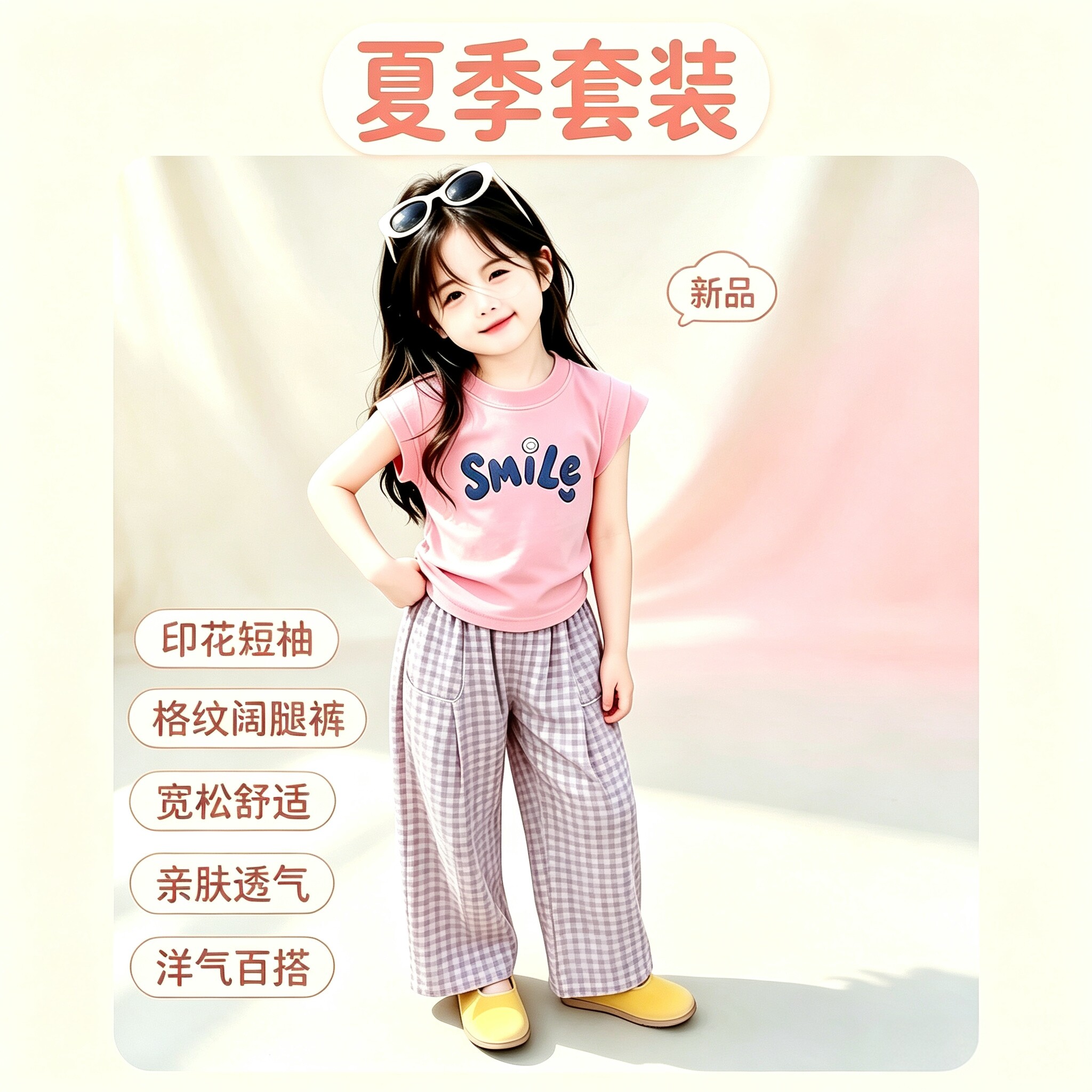 女童夏季简约T恤格纹长裤套装