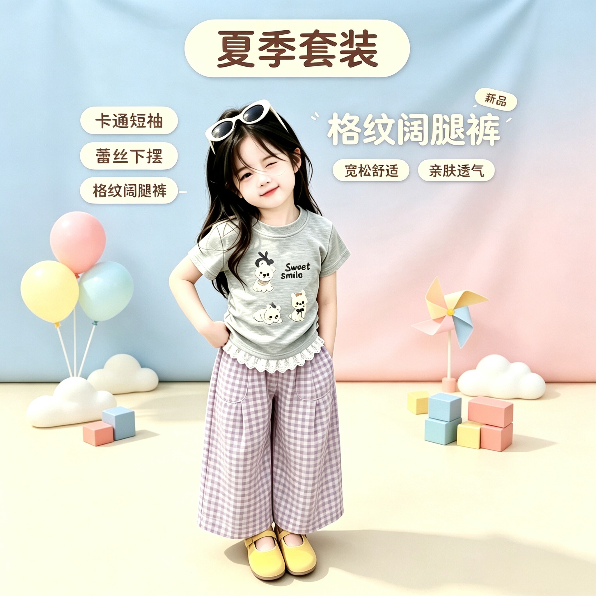 女童夏季简约格纹T恤长裤套装