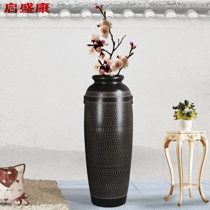宽口黑色抖刀纯手工工艺落地大花瓶别墅摆件客厅陶瓷饰品玄关瓷器