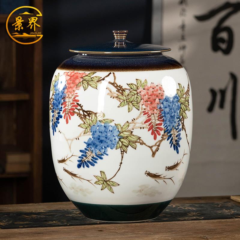加厚防潮防虫景德镇陶瓷米缸油面粉桶25斤50斤家用带盖子茶叶密封