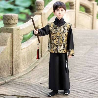 清朝儿童古装满族金龙马褂春秋民国少爷长衫唐装相声大褂演出男童