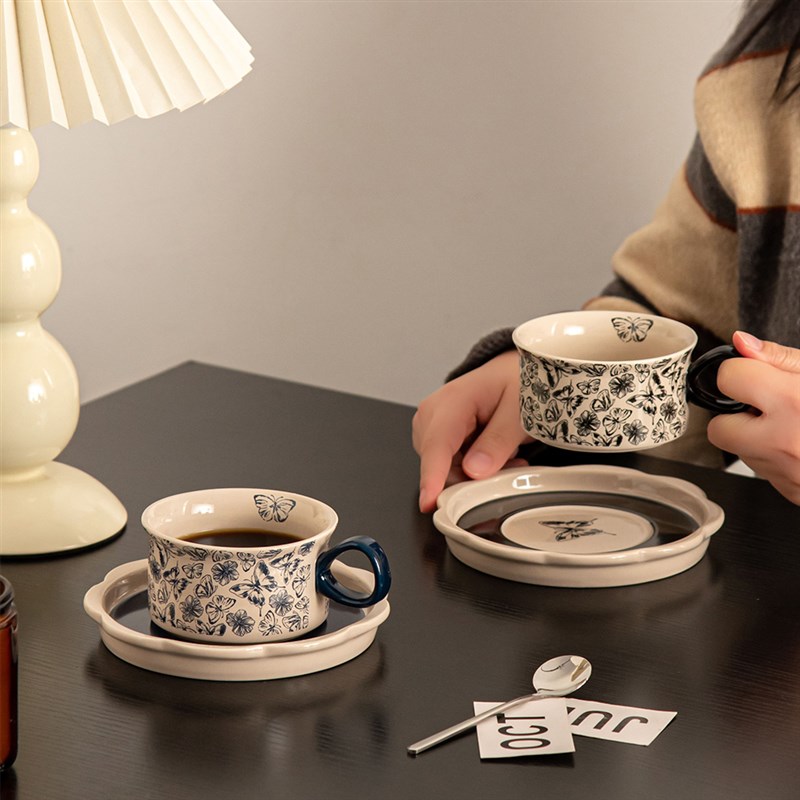 纪恋法式高颜值咖啡杯碟套装创意小众黑色陶瓷杯子下午茶杯礼盒装