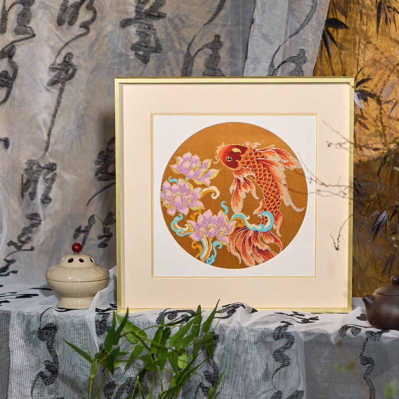南京云锦研究所莲花锦鲤新中式非遗手工装饰画餐厅客厅挂画礼品