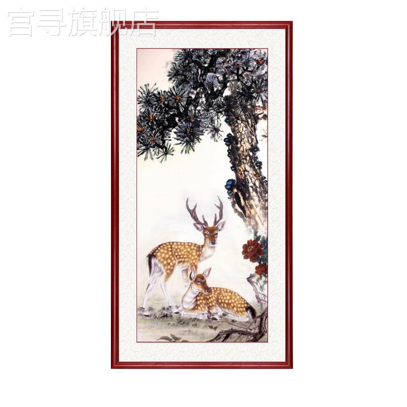 新款福禄双全中式玄关装饰画竖版走廊过道壁画梅花鹿国画双鹿图