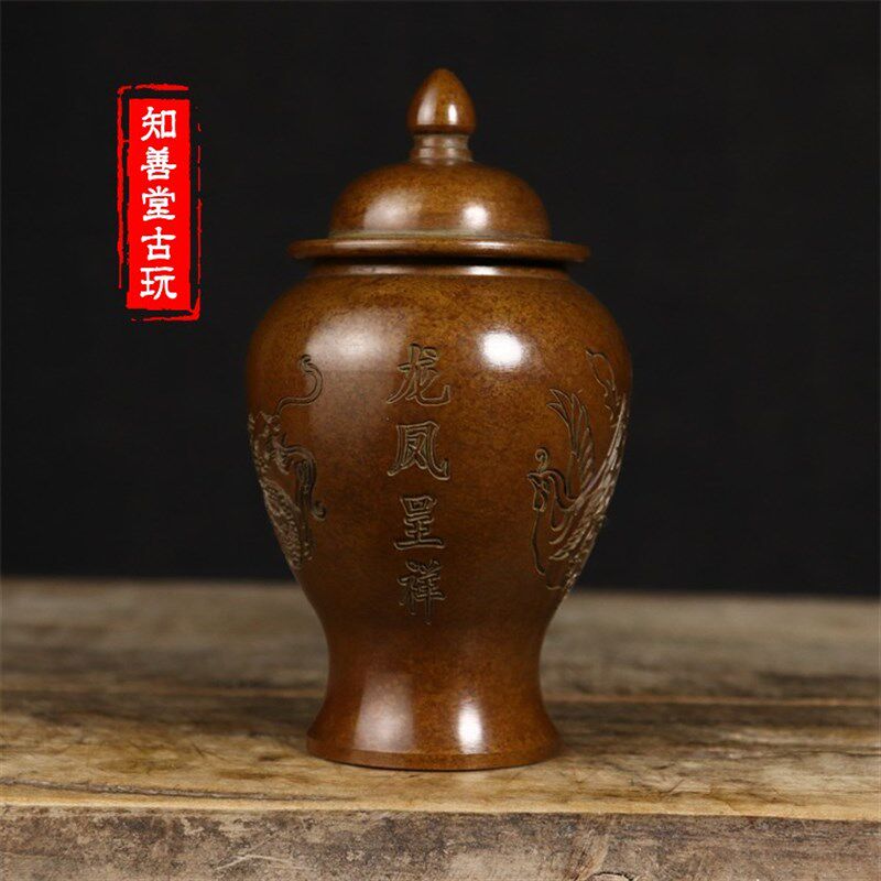 中式古典纯铜花瓶迷你茶叶罐将军罐小赏瓶中式古典摆件茶道艺术