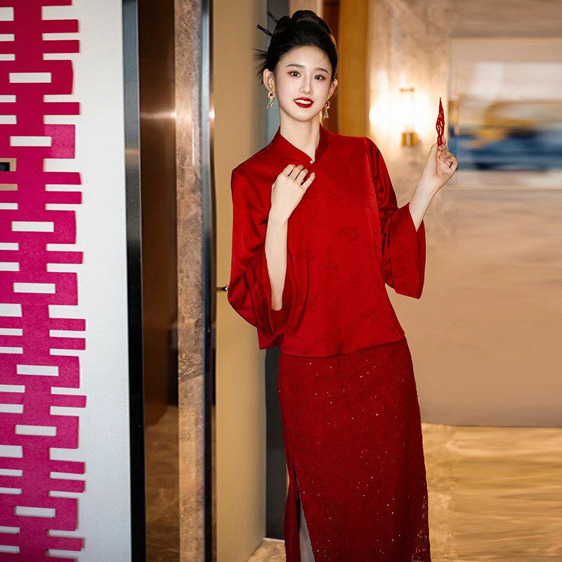 新款中式敬酒服中国风秀禾服2024夏季酒红色新娘结婚回门便装礼服