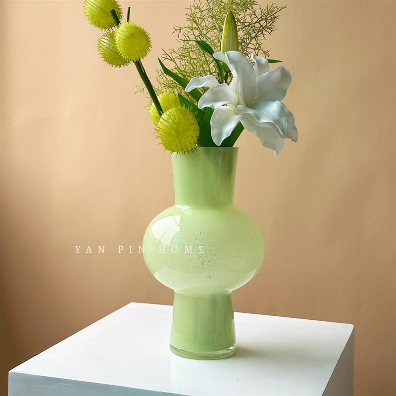 中古琉璃花瓶法式复古鲜花器皿客厅插花装饰摆件侘寂风玻璃花器