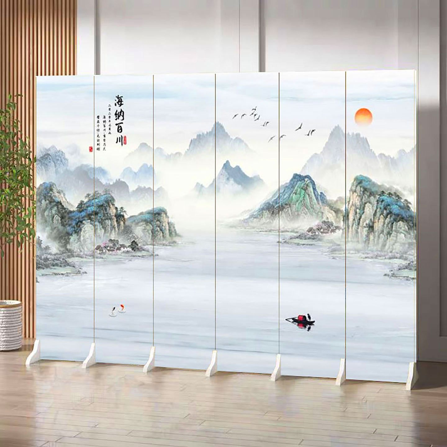 新中式山水画屏风隔断办公室折叠屏风木质工艺节省空间可定制移动