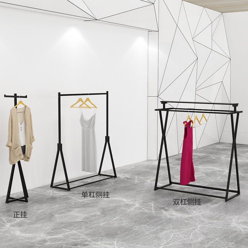 服装店展示架落地双杠中岛货架单排侧挂男女装衣服正挂黑色挂衣架