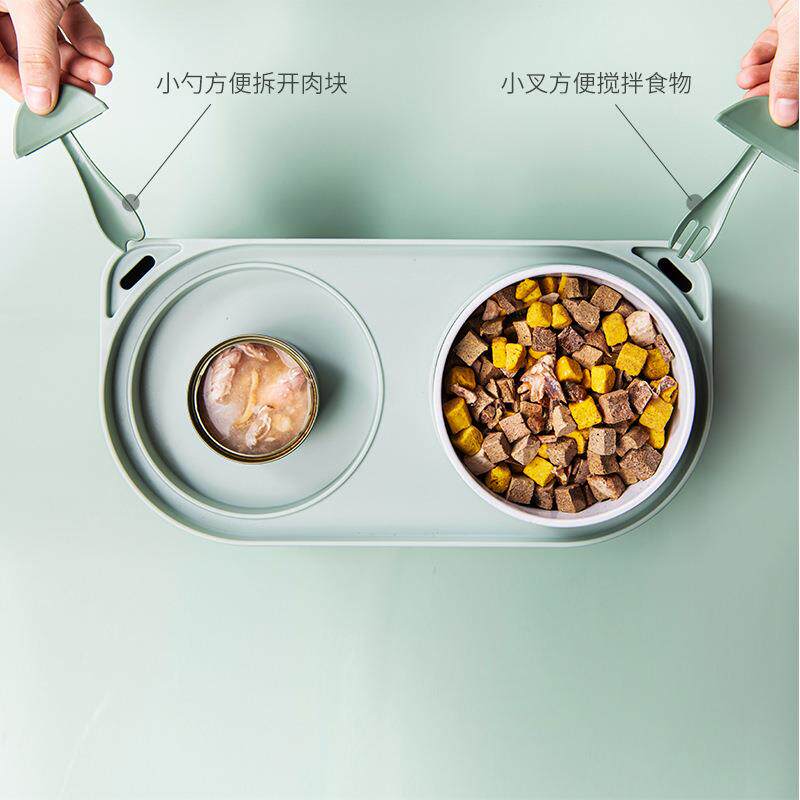 宠物猫咪陶瓷双碗防打翻高脚护颈带储量桶一体可爱狗狗食盆小型犬
