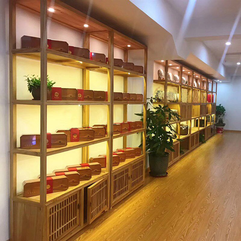新中式 展示架茶叶架子置物架茶柜实木茶柜子展示柜 落地茶叶店饼