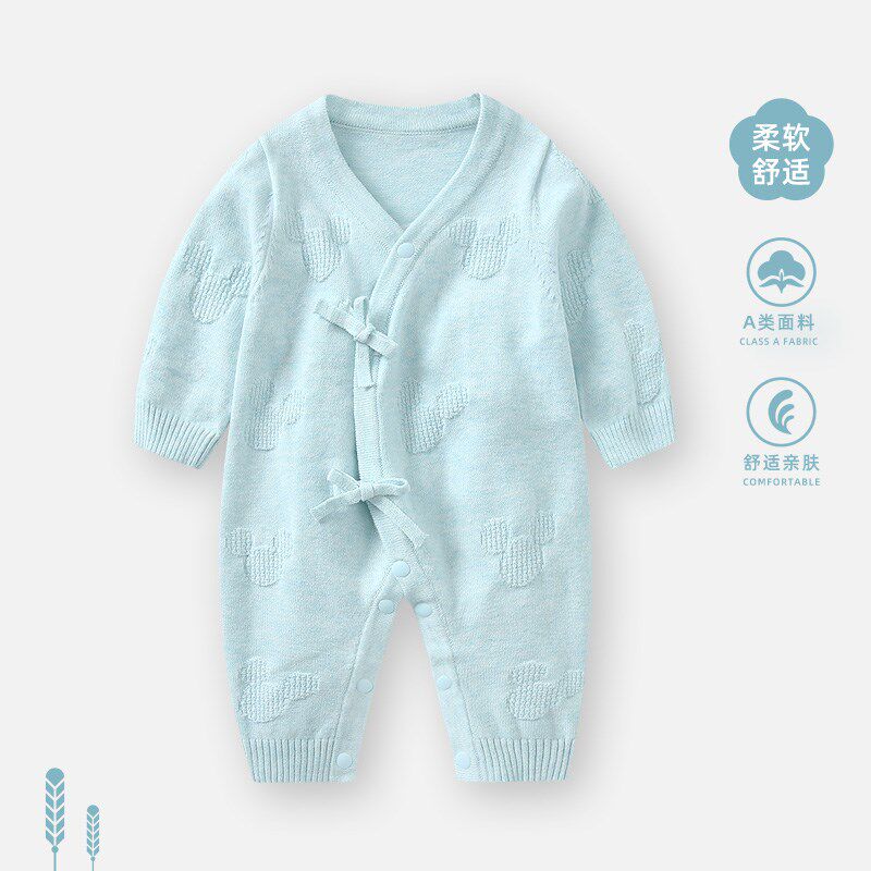 婴儿衣服春秋连体衣新生儿毛衣套装初生宝宝纱衣针织手工系带和服