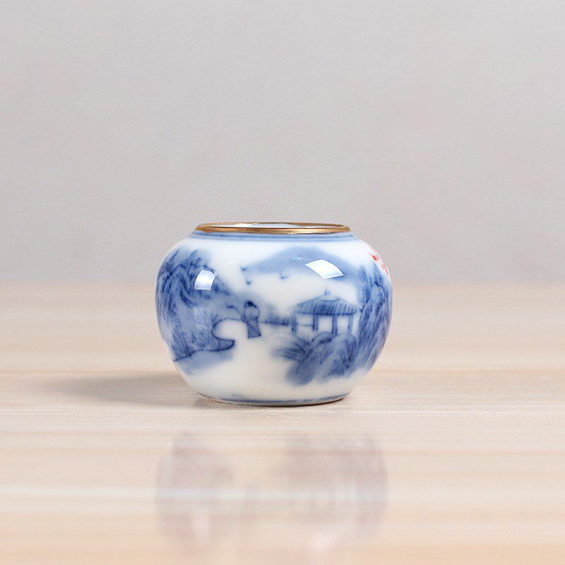 华胜堂 景德镇手绘青花描金口山水五件套红子罐鸟食罐 鸟笼配件
