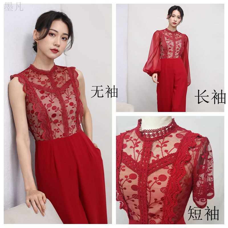 2022女新雪纺蕾丝连体长裤复古长袖高腰显瘦欧美连身衣阔腿裤时尚