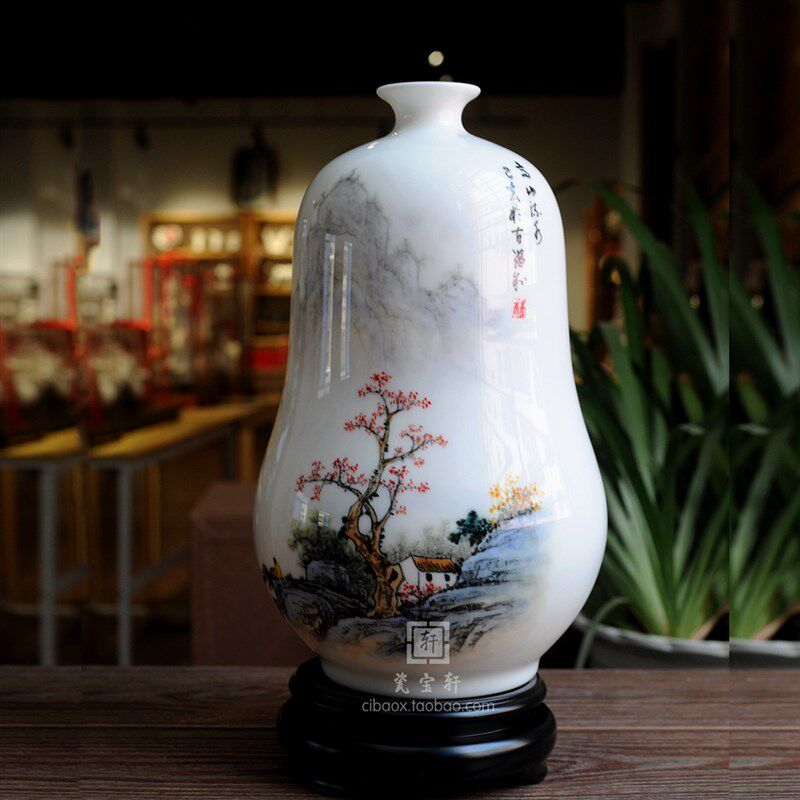 手绘山水中国风进宝葫芦陶瓷花瓶 德化白瓷家居客厅办公室装饰摆
