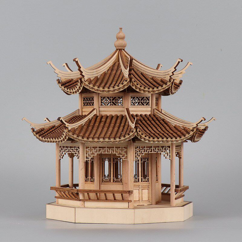 中式禅意传统古建筑模型八角亭子木质工艺品售楼部样板间博古架