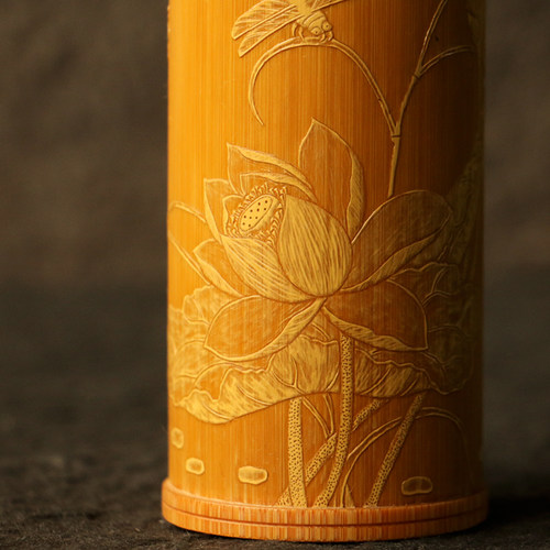 精品名家裘立钢纯手工留青雕刻荷花图老玉竹茶叶罐竹雕茶仓筒