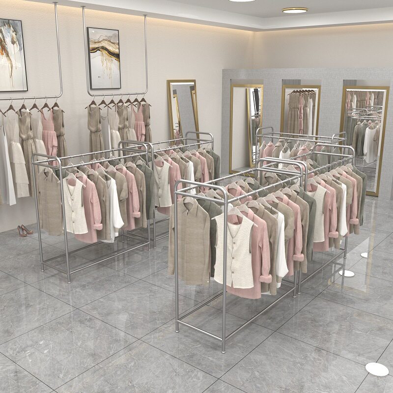 不锈钢服装店展示架双排中岛架落地双杠挂衣架可移动服装陈列货架图片