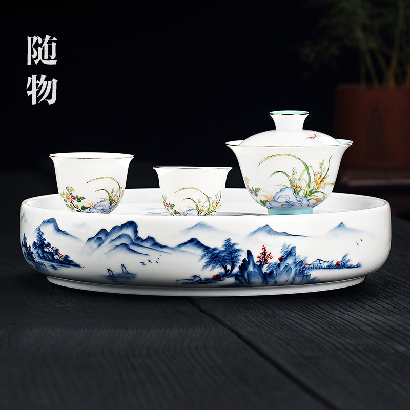 储水式青花瓷大号茶盘陶瓷家用茶海茶托小型功夫茶船干泡茶台圆形
