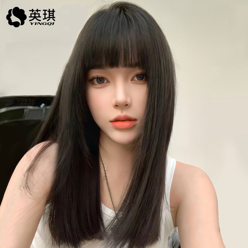 英琪假发女长发漫画刘海中长直发齐刘海真发全真人发自然全头套式