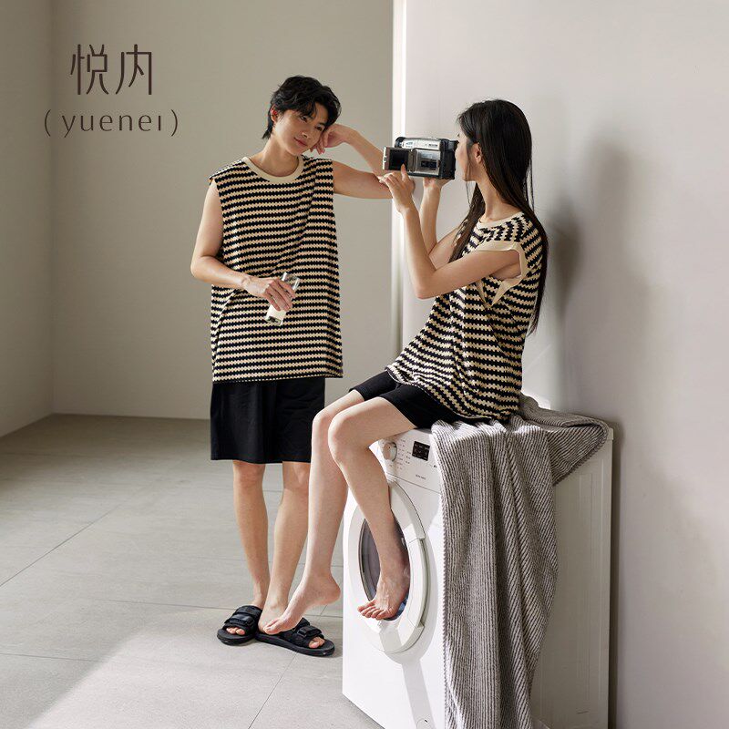 悦内情侣睡衣女夏季无袖背心短裤纯棉家居服男士休闲时尚条纹夏款