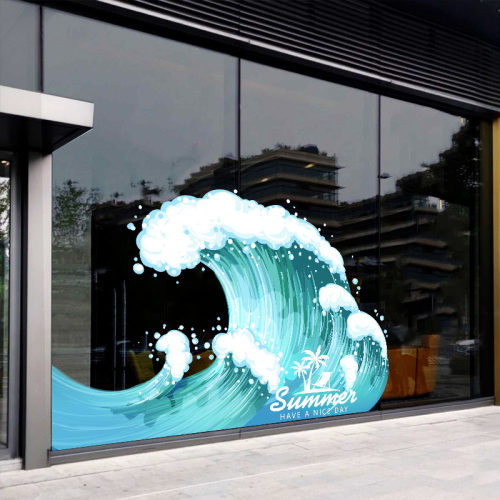 海浪装饰玻璃贴浪花底纹落地幕墙海鲜日料餐厅橱窗静电贴双面彩色
