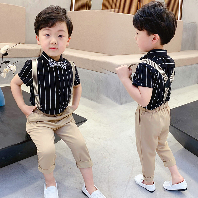 儿童小主持人合唱演出服礼服男童短袖西装洋气背带裤夏季花童套装