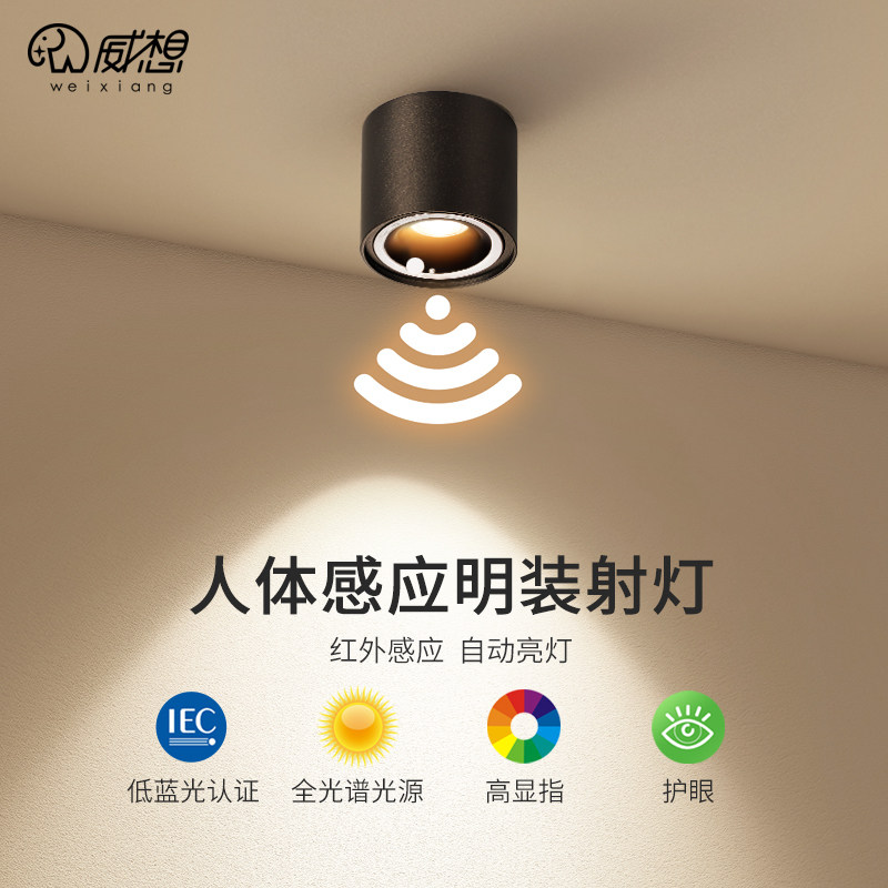 人体感应明装射灯入户门厅过道走廊灯光控一体楼道车库灯感应筒灯