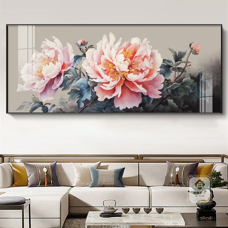 网红花开墙富贵装饰画客厅背沙发景挂画新中式牡丹花大幅横版晶瓷