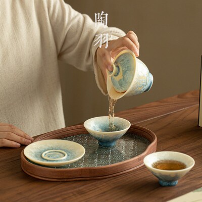 结晶釉三才盖碗一壶两杯陶瓷泡茶器功夫茶具套装家用茶碗茶杯茶盘
