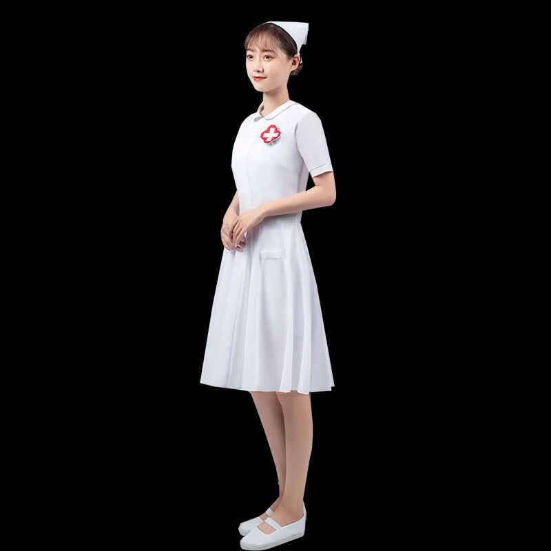 医护士舞蹈演出服女短袖弹力修身连衣裙红十字白衣天使舞台表演服