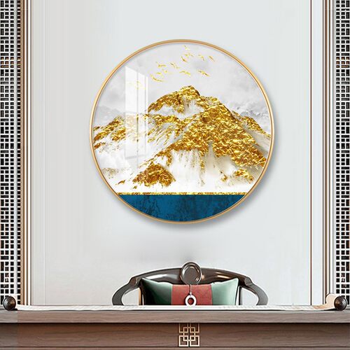 走廊玄关装饰画客厅背景墙挂画圆形山水风景画轻奢新中式金山生财