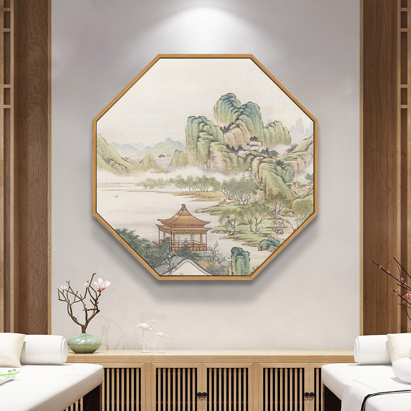 新中式玄关装饰画八边形入户茶室背景墙挂画禅意古风山水餐厅壁画