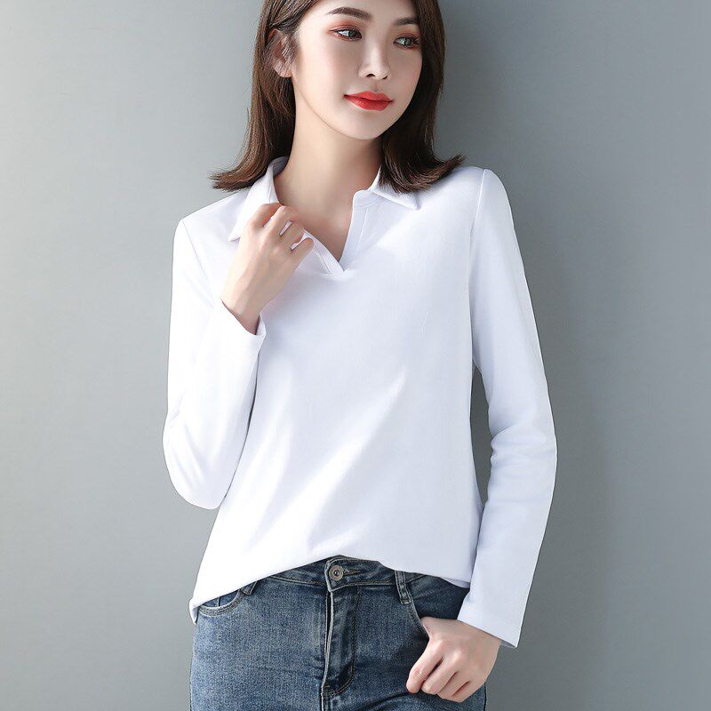 纯白色长袖t恤女polo领小衫洋气内搭打底上衣普通棉气质新款2024