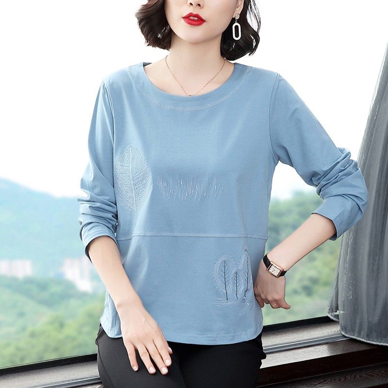 妈妈纯棉t恤长袖女上衣初秋装2021新款中年薄款打底衫绣花秋衣潮