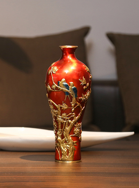 铜欣祥 彩铜喜鹊花瓶摆件家居装饰品客厅玄关工艺品实用花瓶摆设
