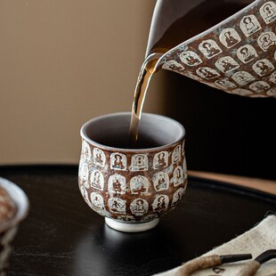 老岩泥敦煌万佛鎏银茶杯陶瓷主人杯品茗杯大肚杯粗陶手工小杯子