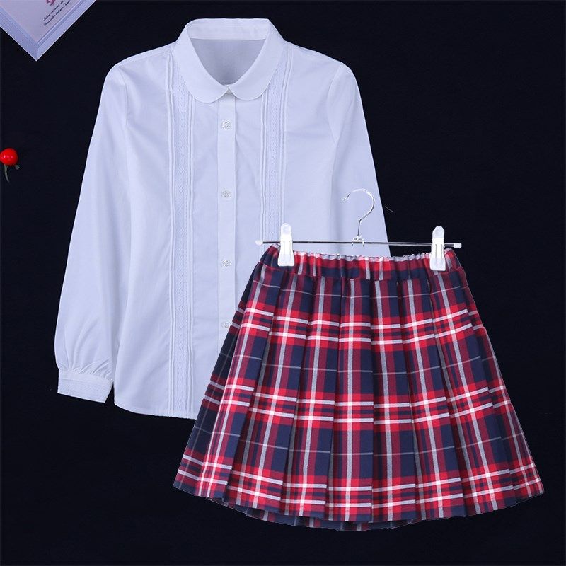 小学生校服女童白衬衣长袖儿童白色弹力衬衫女春夏装红色格子裙子