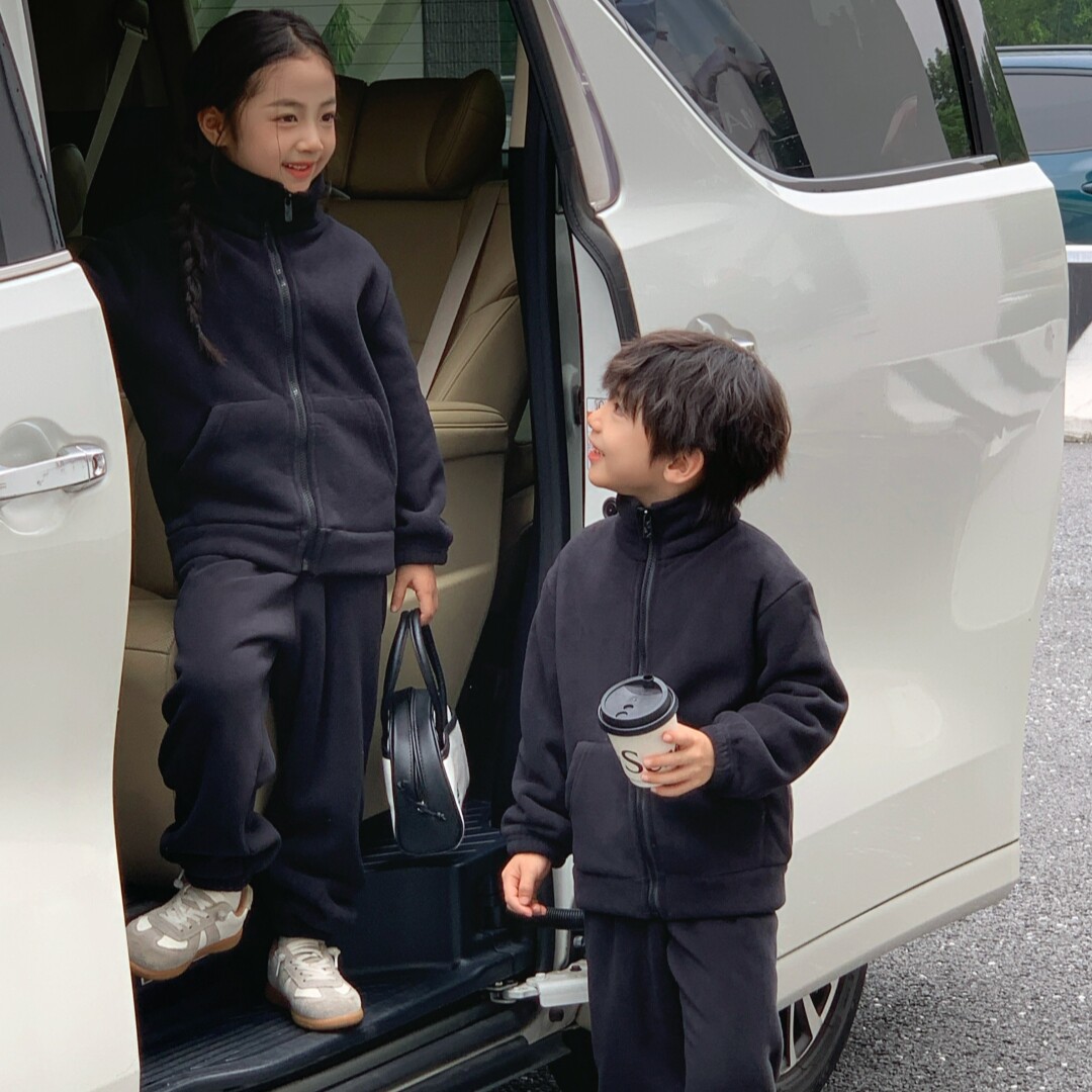 冬季奥利绒加绒加厚款外穿情侣亲子家居服套装女童大男童小孩宝宝