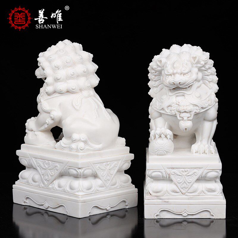 善唯房山汉白玉大理石含球小石狮子一对看门家用墓地摆件