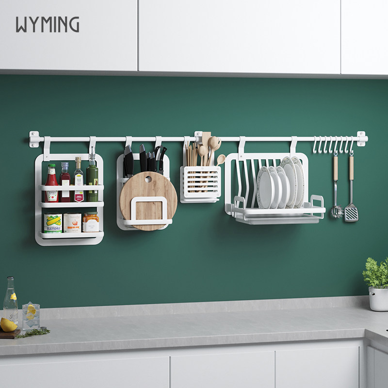 厨房挂架置物架壁挂式免打孔挂件碗碟架刀架调料架厨卫白色收纳架