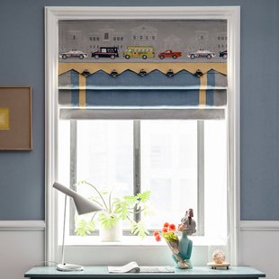 2021年新款 男孩房贴布绣花小汽车帘头罗马帘窗帘定制儿童房升降帘