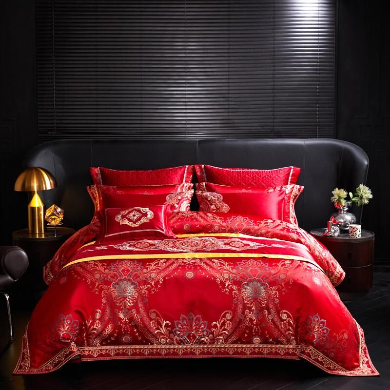 高档欧式新婚庆大红四件套奢华别墅结婚贡缎提花十件套床盖款被套