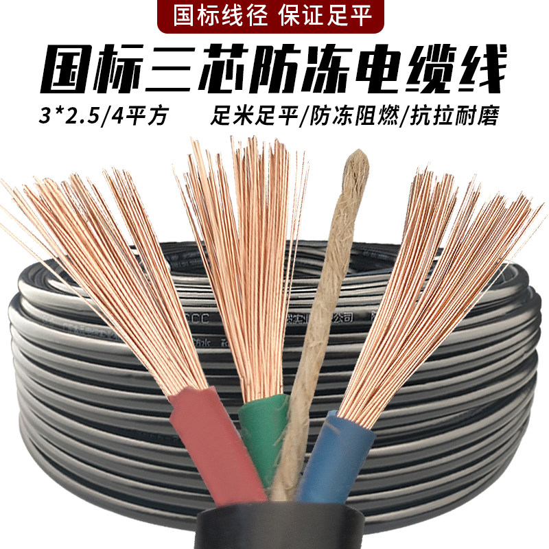 户外防冻牛筋线三芯电缆1.5 2.5 4平方黑色护套软线电源插头带线
