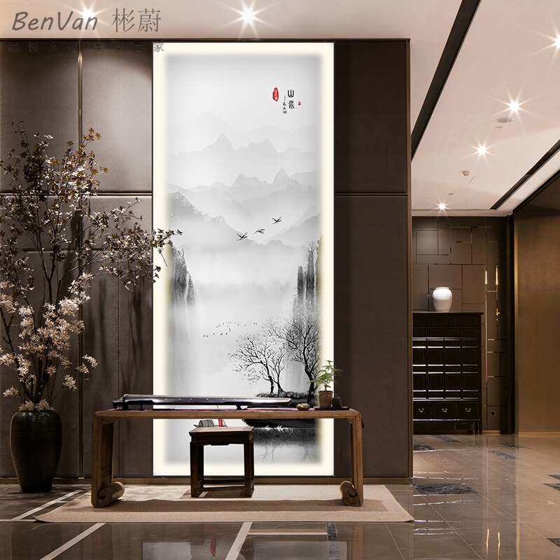 新中式走廊山水画玄关装饰画LED灯发光带灯挂画过道入户竖版定做