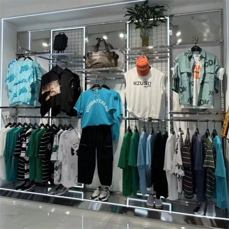 服装店展示架上墙不锈钢背板男装挂衣服架带灯陈列架壁挂式中岛架