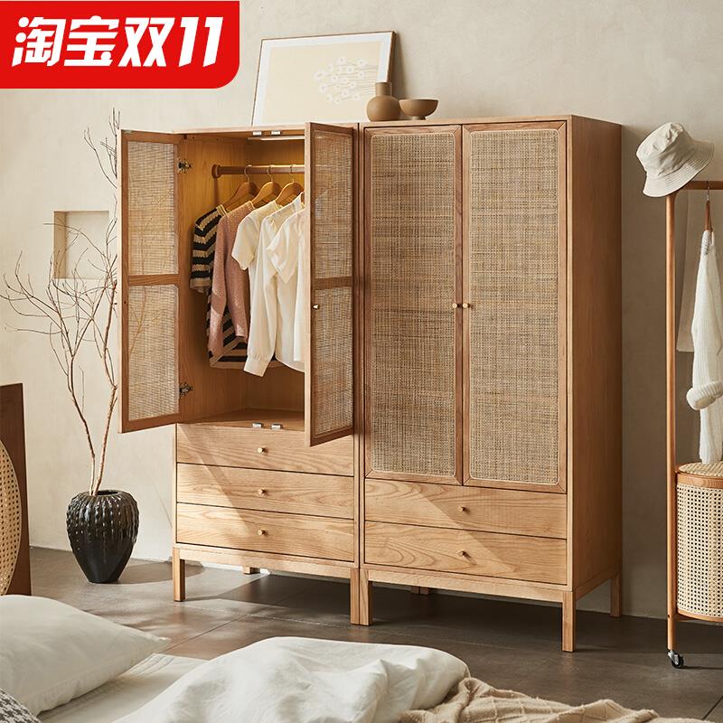 中古风实木藤编衣柜简约两门收纳储物柜小户型家用侘寂风大衣橱柜