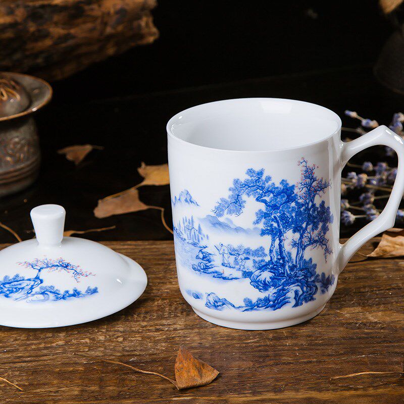 景德镇陶瓷茶杯带盖青花瓷骨瓷大水杯子双层办公杯会议泡茶杯定制