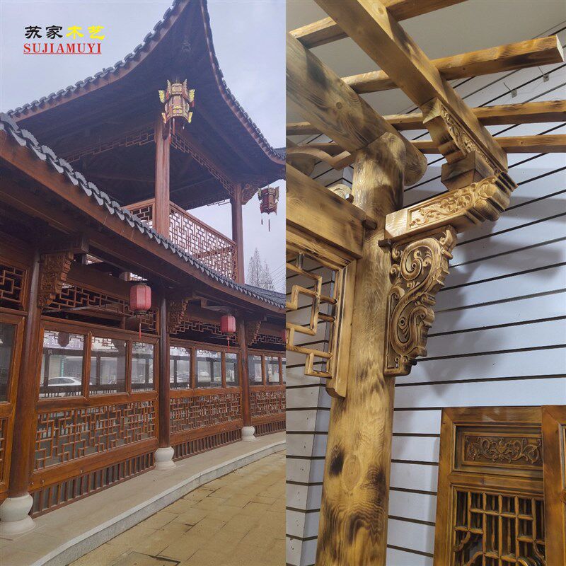 东阳木雕中式仿古实木牛腿压头琴枋斜撑挂落门头梁托雀替寺庙装修