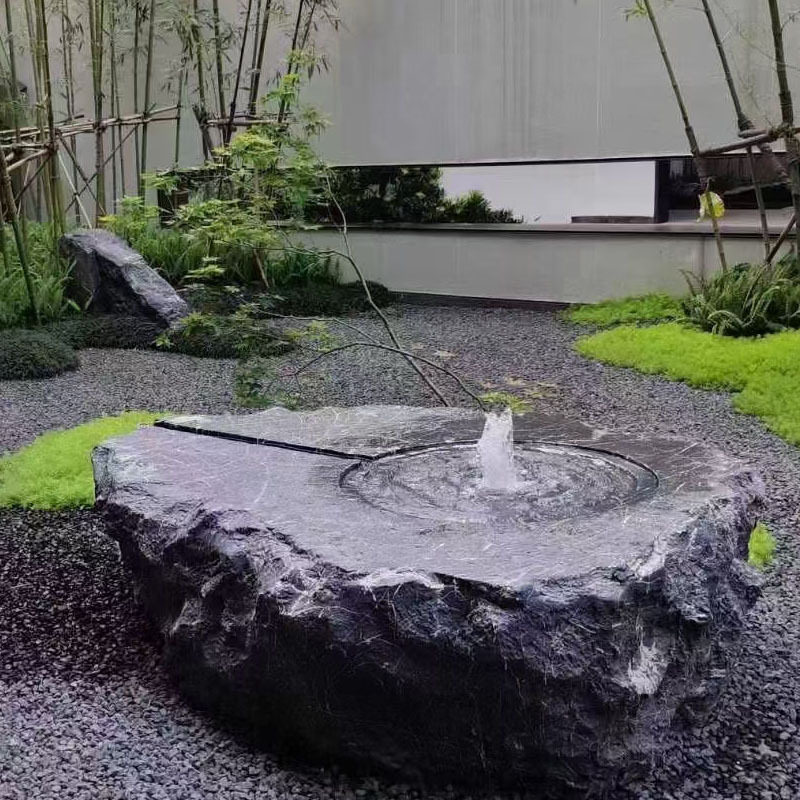 批发黑山石水钵流水切片加工大型园林景观假山喷泉别墅新中式庭院
